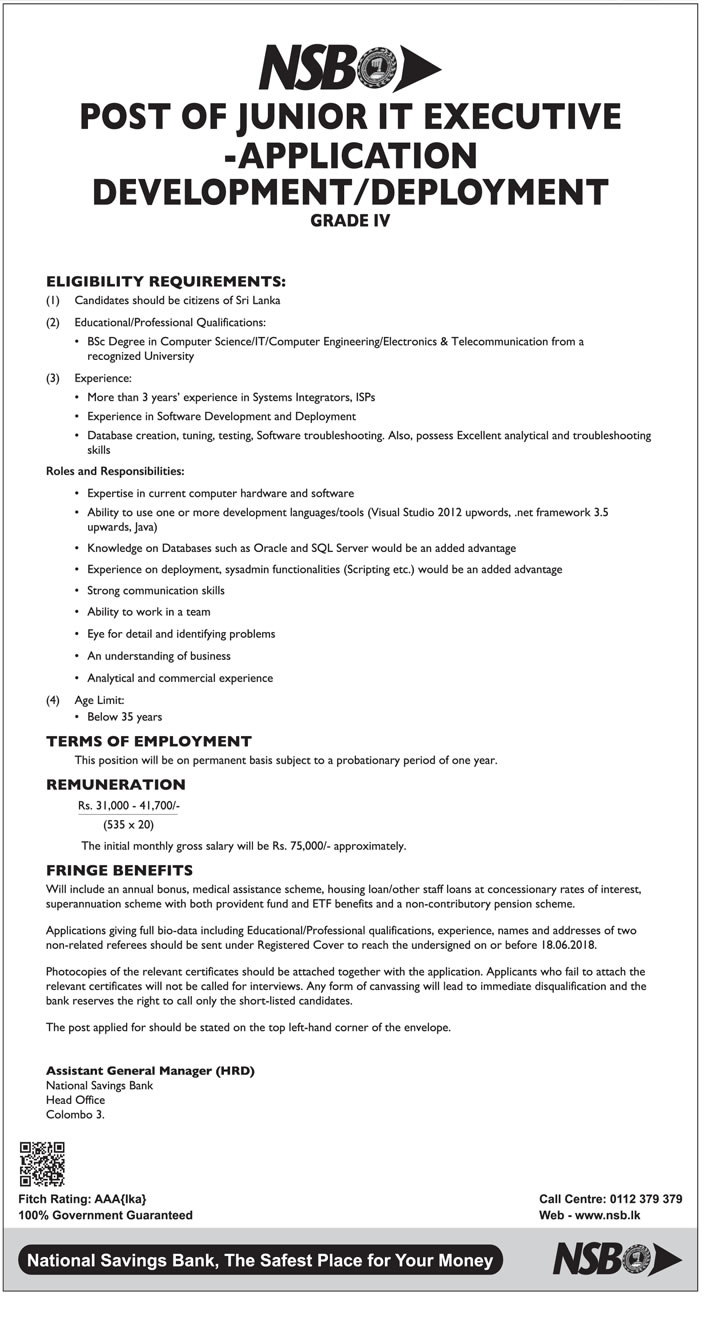 Executive (System Architecture), Junior IT Executive (System Architecture, Application Development/Deployment) - National Savings Bank (NSB)